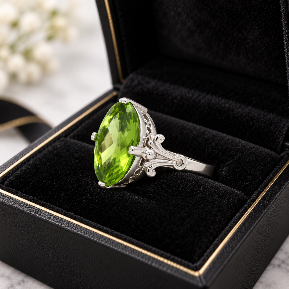 Vintage Yellow Peridot Ring in Sterling Silver (vrc369s-yp) — close-up of the stone and setting