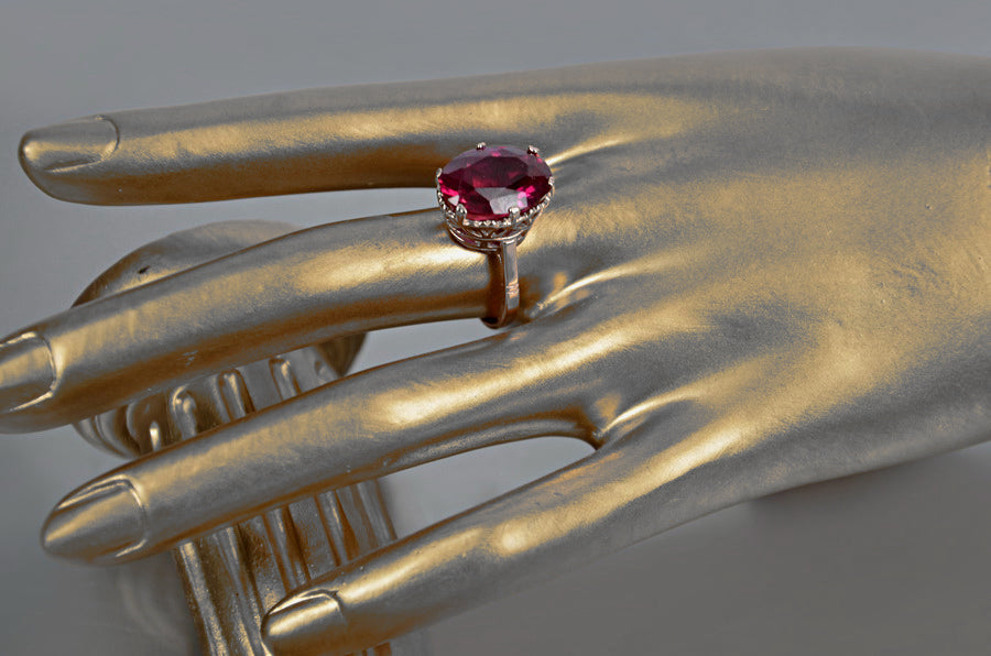 Vintage Ruby Oval Polish Ring in Sterling Silver (vrc130s-rb) — worn on the neckline, showing the drape