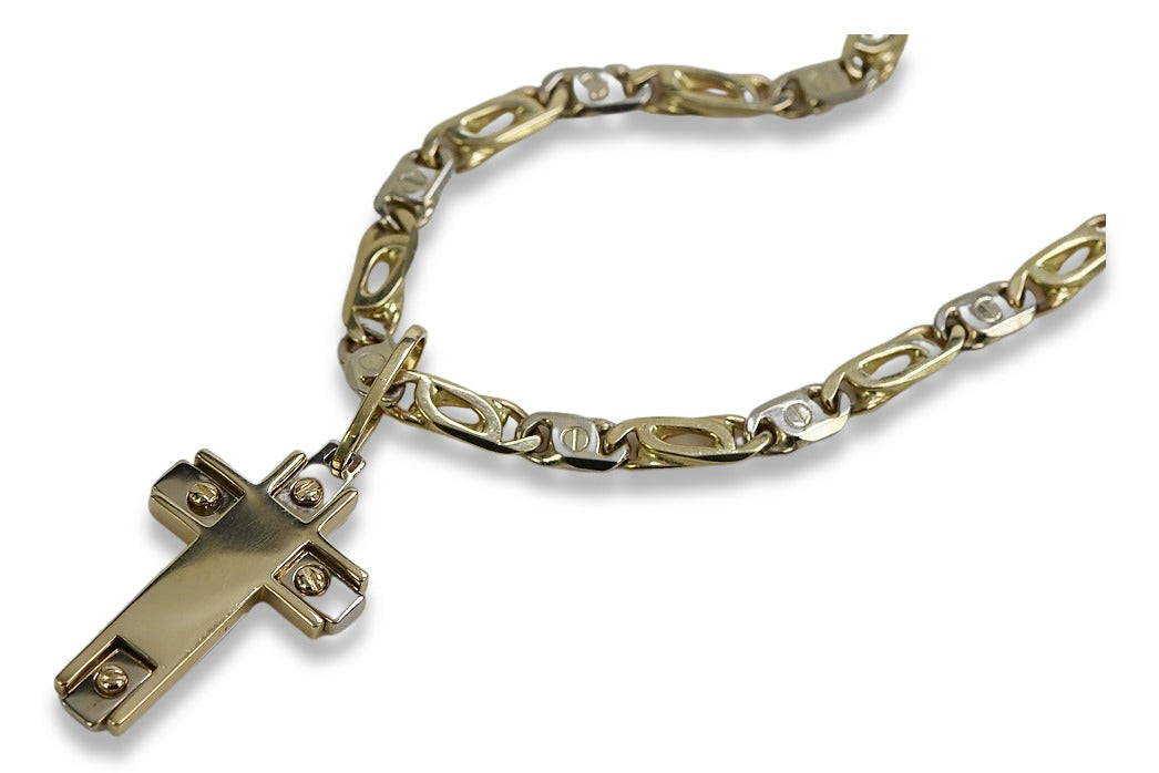 Vintage Catholic Cross Pendant in 14K Yellow & White Gold (ctc031yw) — close-up of the stone and setting