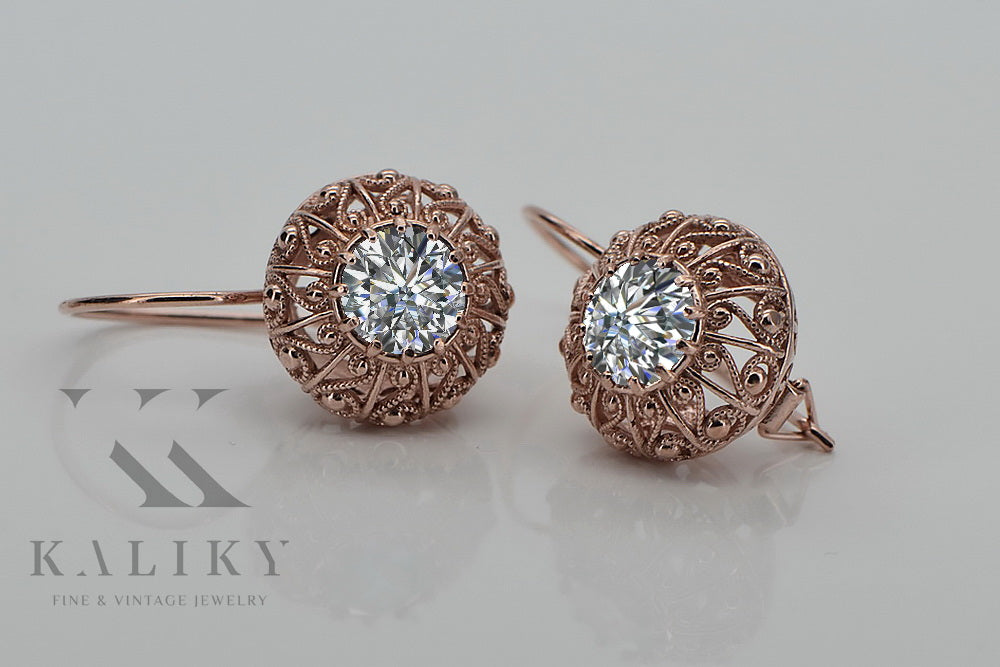 Vintage Zircon Zorcon Earrings in 14K Rose Gold (vec002r-zi) — close-up of the stone and setting