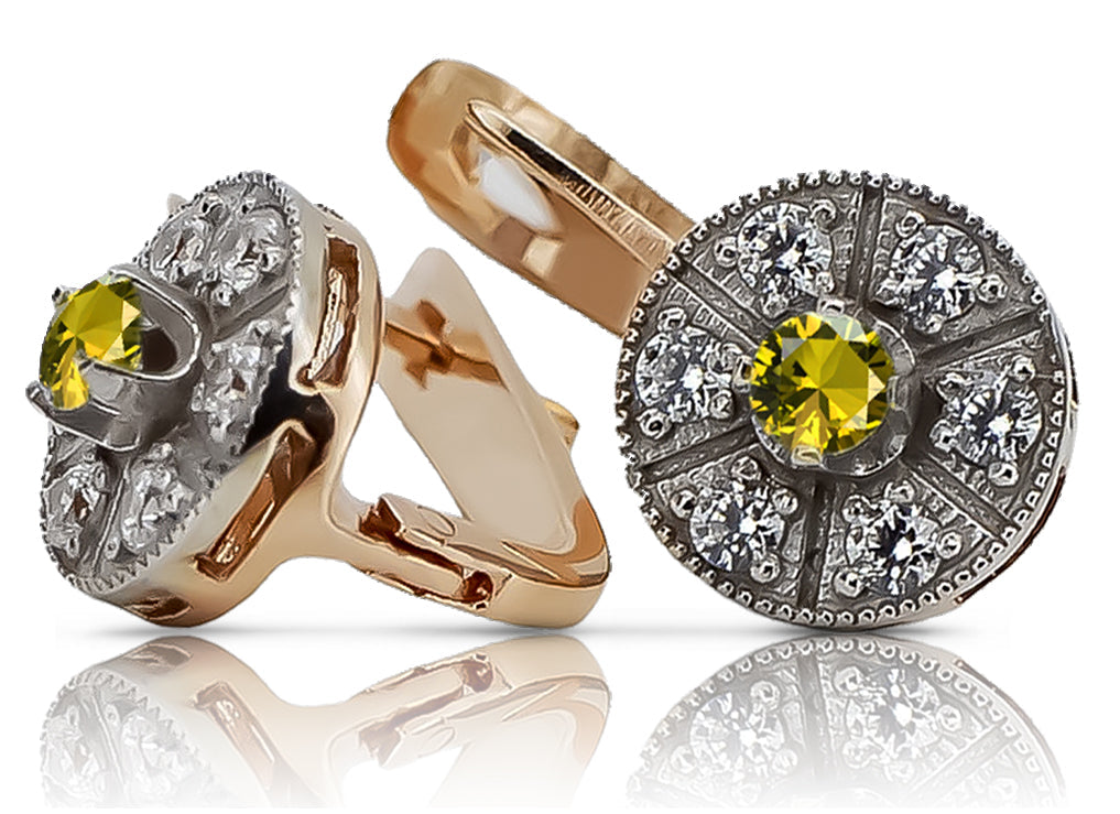 Vintage Yellow Peridot Earrings in 14K Rose & White Gold (vec161rw-yp) — full view of the piece