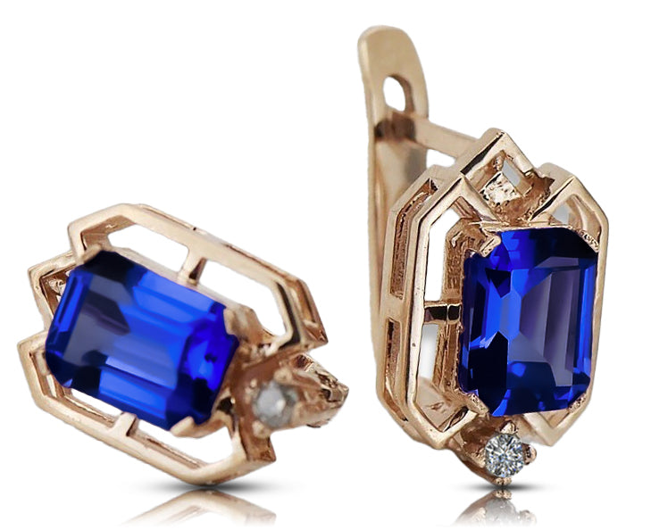 Vintage Sapphire Diamonds Craft Earrings in 14K Rose Gold (vec020r-sp) — close-up of the stone and setting