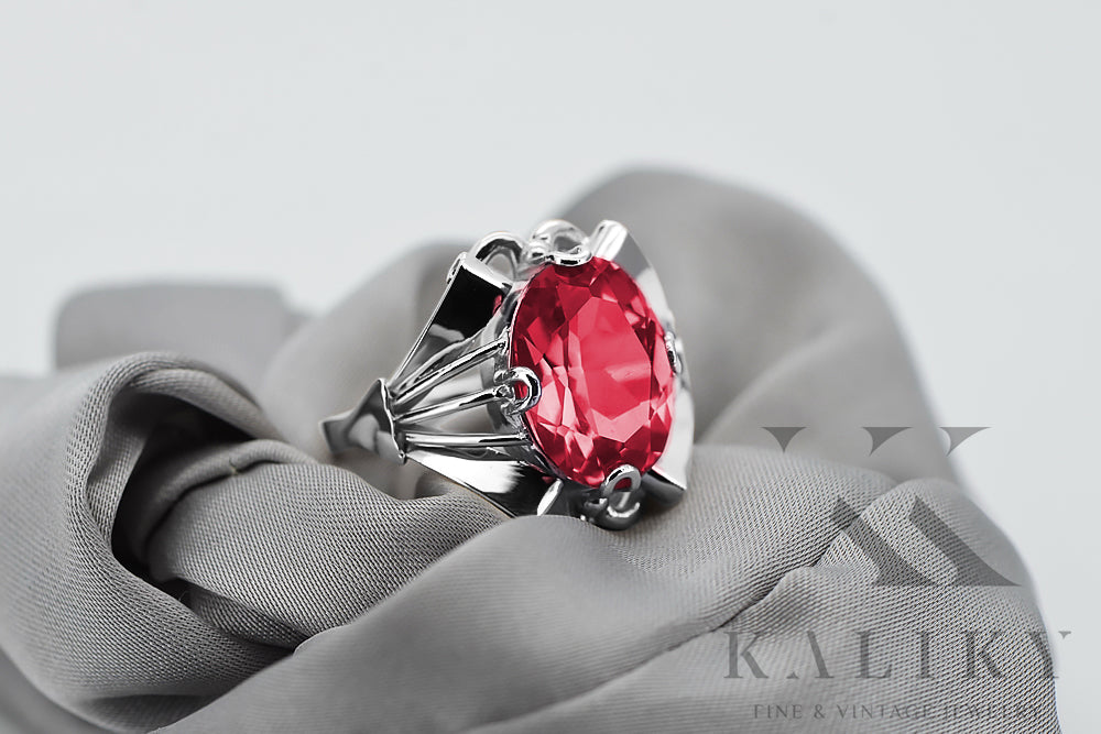 Vintage Ruby Ring in Sterling Silver (vrc015s-rb) — worn on the neckline, showing the drape