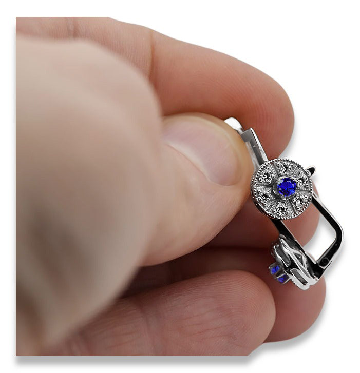 Vintage Sapphire Earrings in 14K White Gold (vec161w-sp) — worn on the hand, showing profile