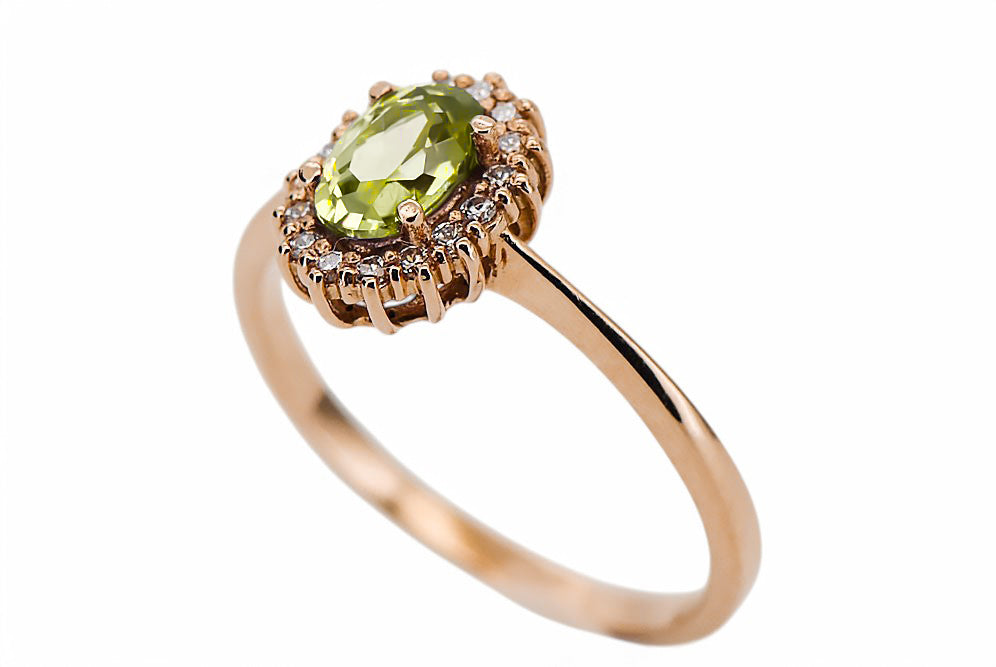 Vintage Yellow Peridot Ring in 14K Rose Gold (crc009r-yp) — worn on the neckline, showing the drape