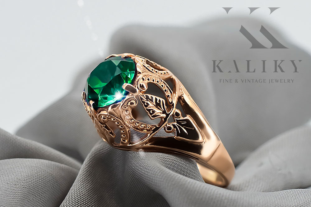 Vintage Emerald Craft Ring in 14K Rose Gold (vrc080r-em) — worn on the neckline, showing the drape