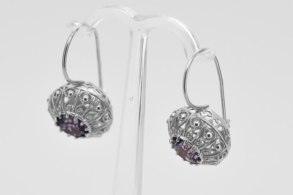 Vintage Alexandrite Earrings in Sterling Silver (vec002s-ax) — close-up of the stone and setting