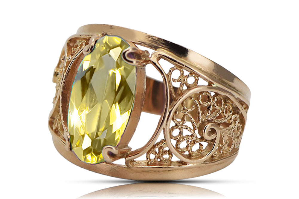 Vintage Yellow Peridot Ring in 14K Rose Gold (vrc057r-yp) — side view showing the setting