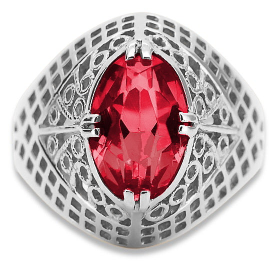 Vintage Ruby Ring in Sterling Silver (vrc030s-rb) — worn on the neckline, showing the drape