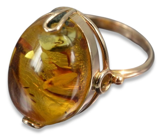 Vintage Amber Ring in 14K Rose Gold (vrab017) — side view showing the setting