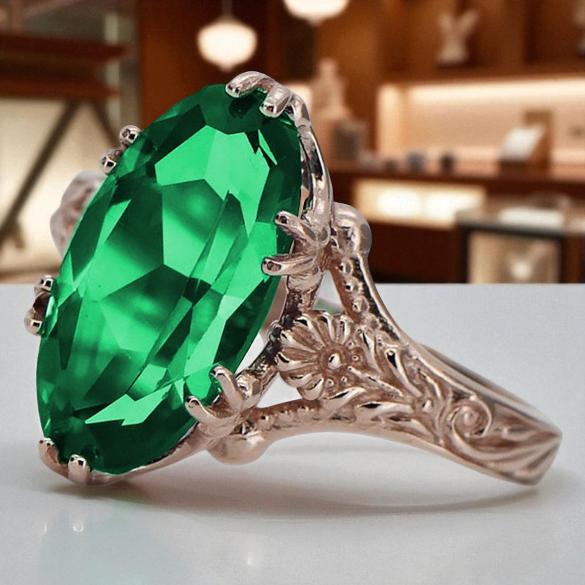 Vintage Emerald Oval Ring in 14K Rose Gold (vrc084r-em)