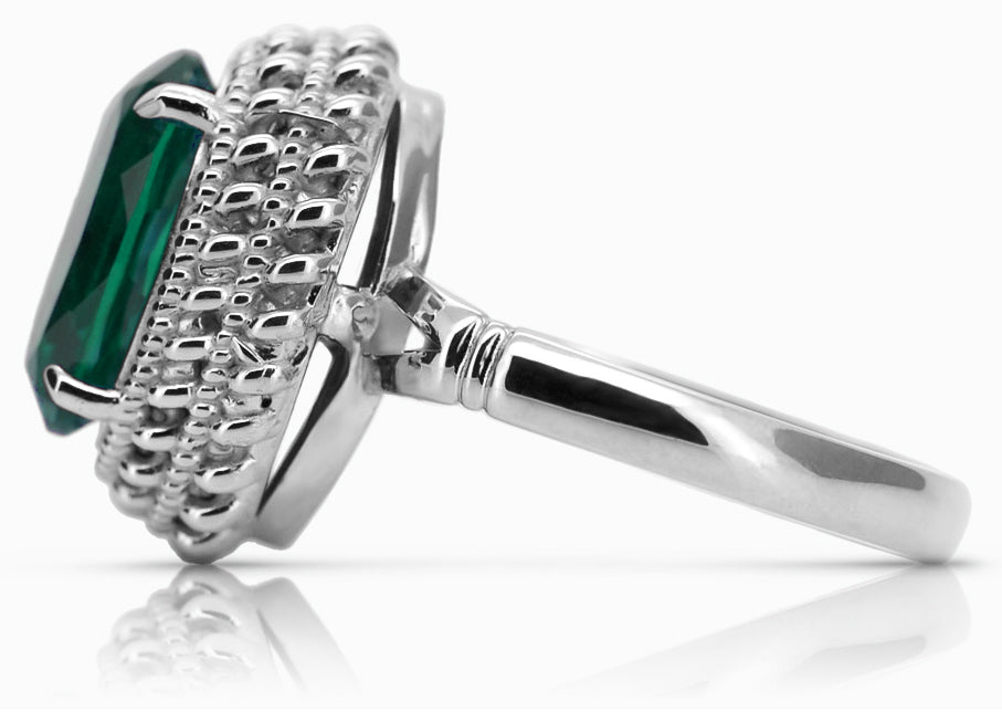 Vintage Emerald Ring in Sterling Silver (vrc068s-em) — side view showing the setting