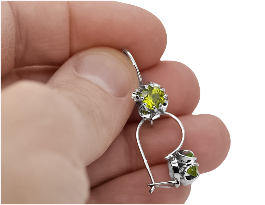 Vintage Yellow Peridot Earrings in Sterling Silver (vec035s-yp) — worn on the hand, showing profile