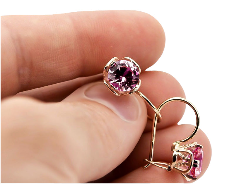 Vintage Ruby Earrings in 14K Rose Gold (vec029r-rb) — worn on the hand, showing profile
