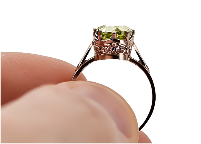 Vintage Yellow Peridot Ring in 14K Rose Gold (vrc366r-yp) — worn on the neckline, showing the drape