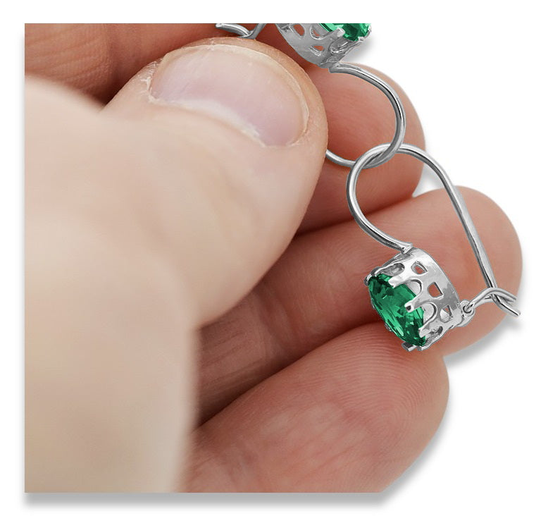 Vintage Emerald Earrings in Sterling Silver (vec196s-em) — close-up of the stone and setting