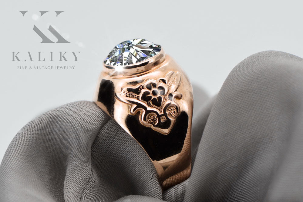 Vintage Zircon Ring in 14K Rose Gold (vrc078r-zi) — worn on the neckline, showing the drape
