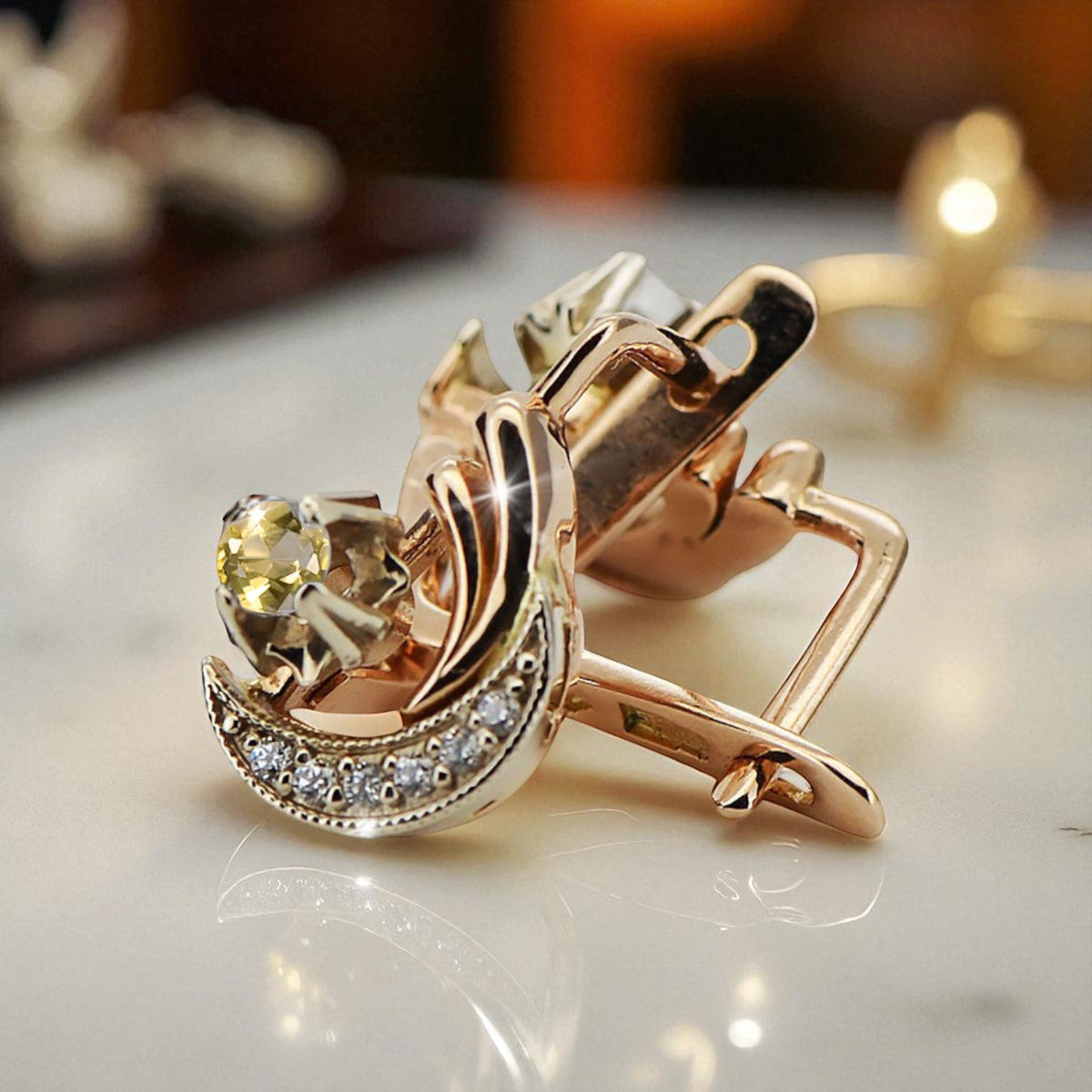 Vintage Yellow Peridot Earrings in 14K Rose & White Gold (vec093rw-yp)