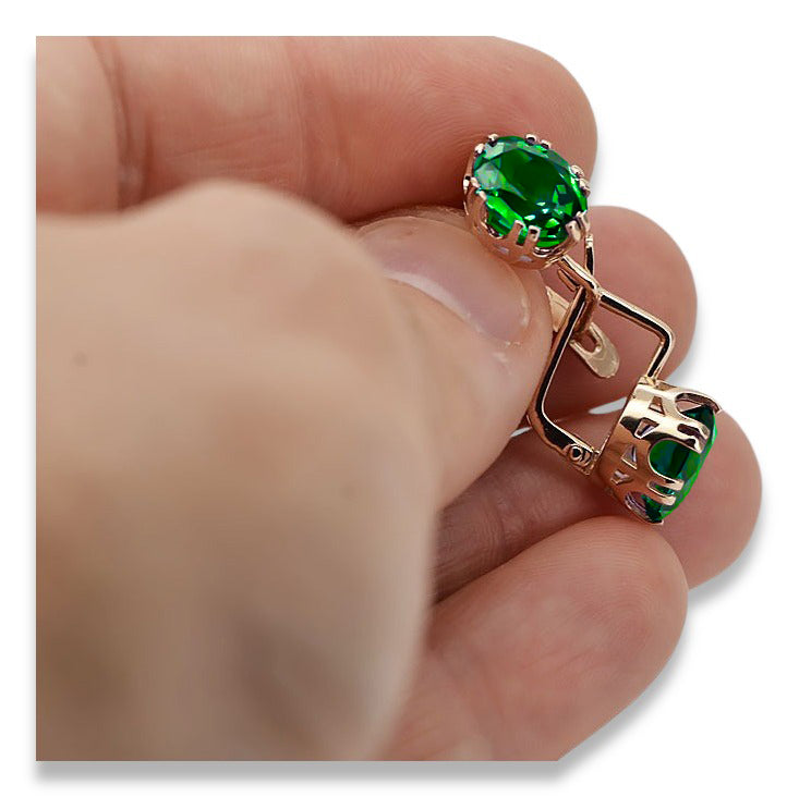 Vintage Emerald Earrings in 14K Rose Gold (vec016r-em) — worn on the hand, showing profile