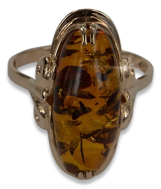 Vintage Amber Ring in 14K Rose Gold (vrab010) — close-up of the hallmark on the inner band