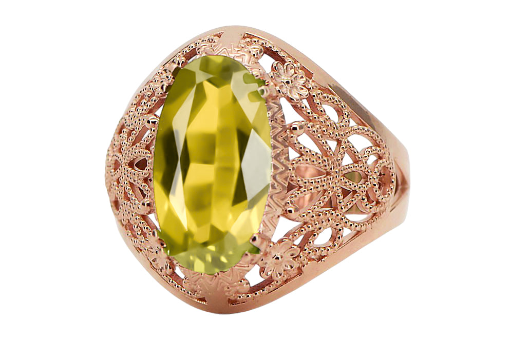 Vintage Yellow Peridot Ring in 14K Rose Gold (vrc074r-yp) — worn on the hand, showing profile
