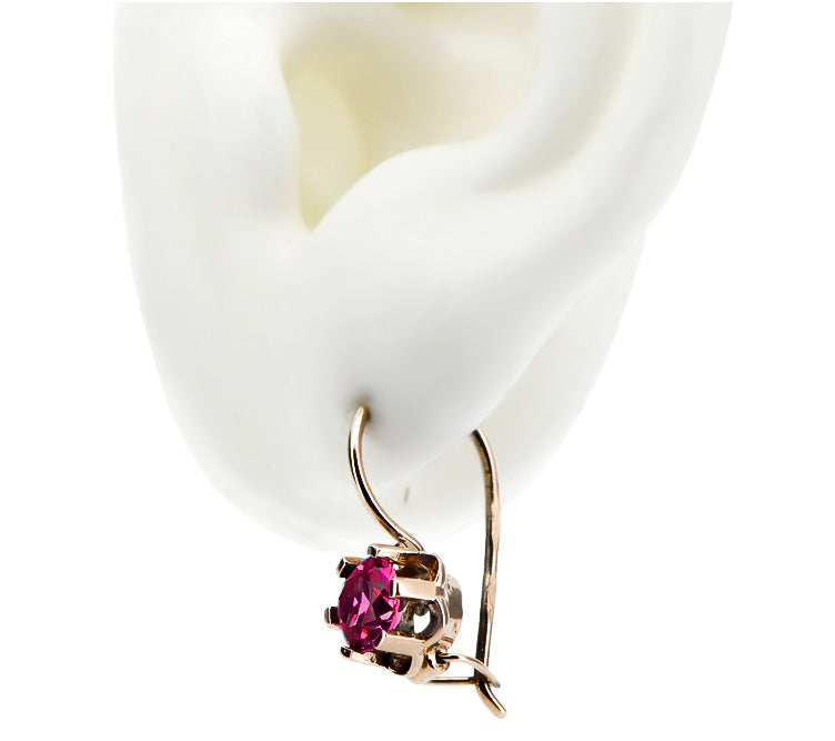 Vintage Ruby Earrings in 14K Rose Gold (vec019r-rb) — close-up of the stone and setting