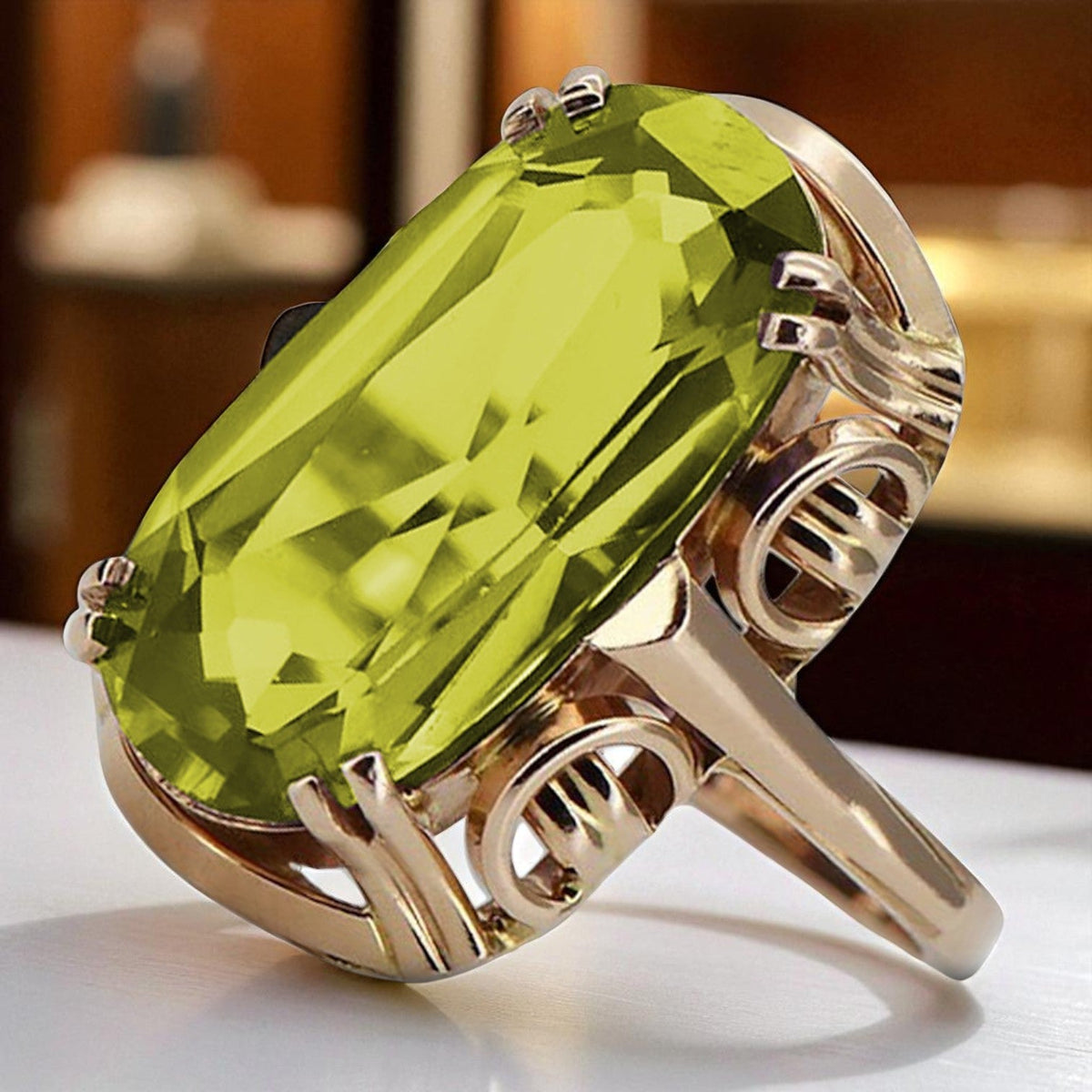 Vintage Yellow Peridot Ring in 14K Rose Gold (vrc038r-yp)