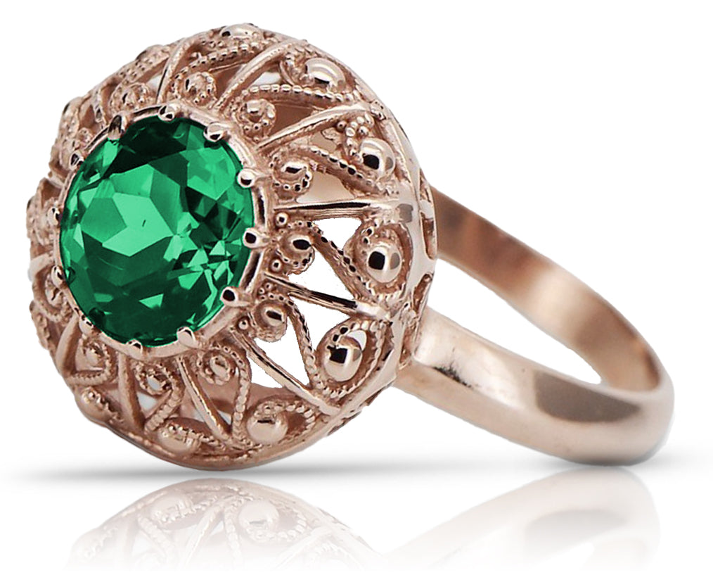 Vintage Emerald Round Womens Ring in 14K Rose Gold (vrc059r-em) — side view showing the setting