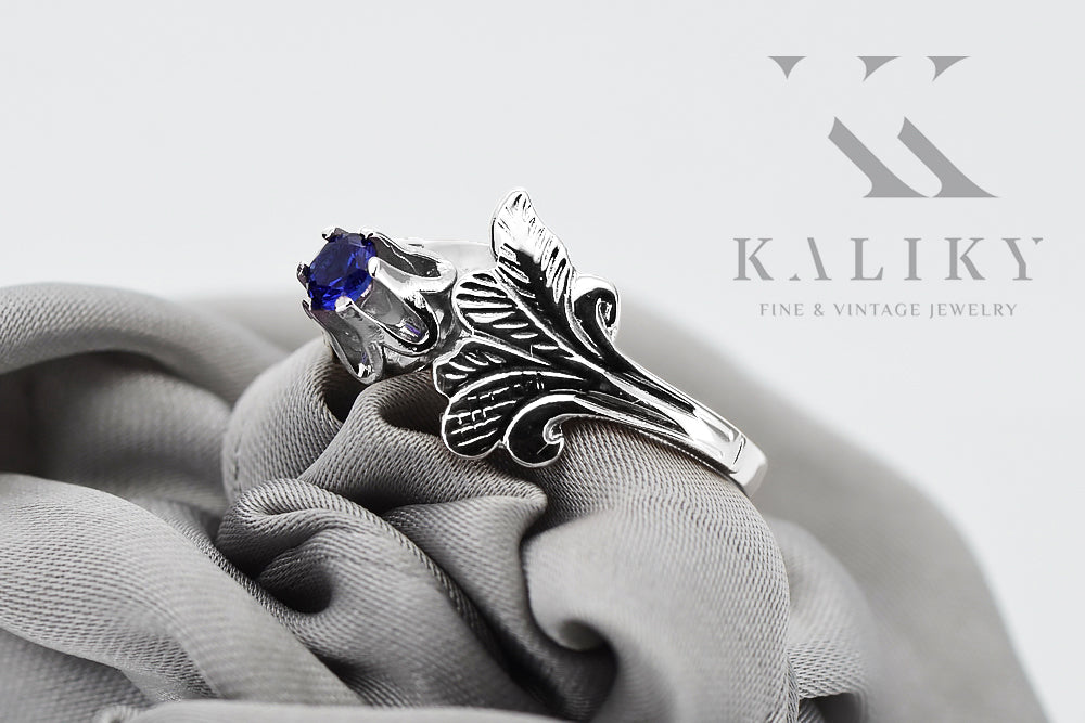 Vintage Sapphire Ring in Sterling Silver (vrc169s-sp) — worn on the hand, showing profile