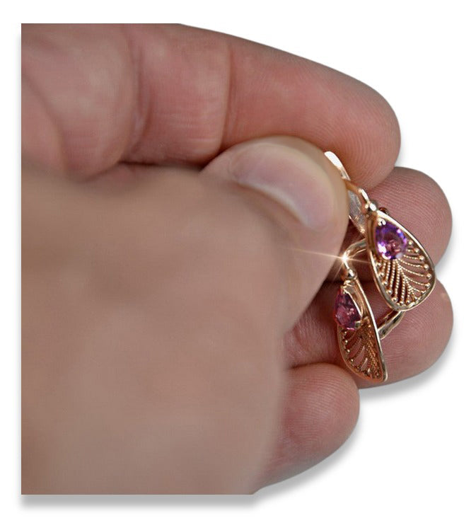 Vintage Amethyst Earrings in 14K Rose Gold (vec067r-am) — worn on the hand, showing profile