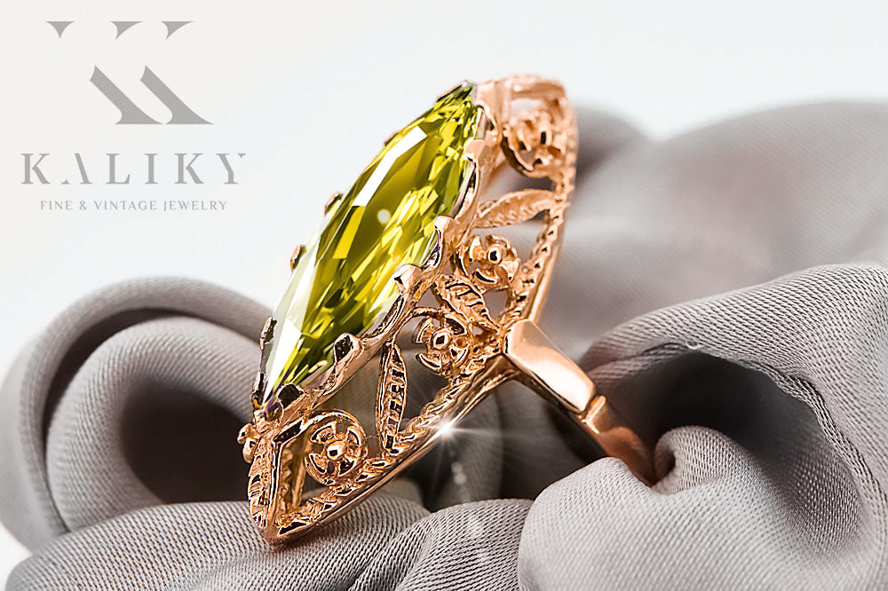 Vintage Yellow Peridot Craft Ring in 14K Rose Gold (vrc005r-yp) — worn on the neckline, showing the drape