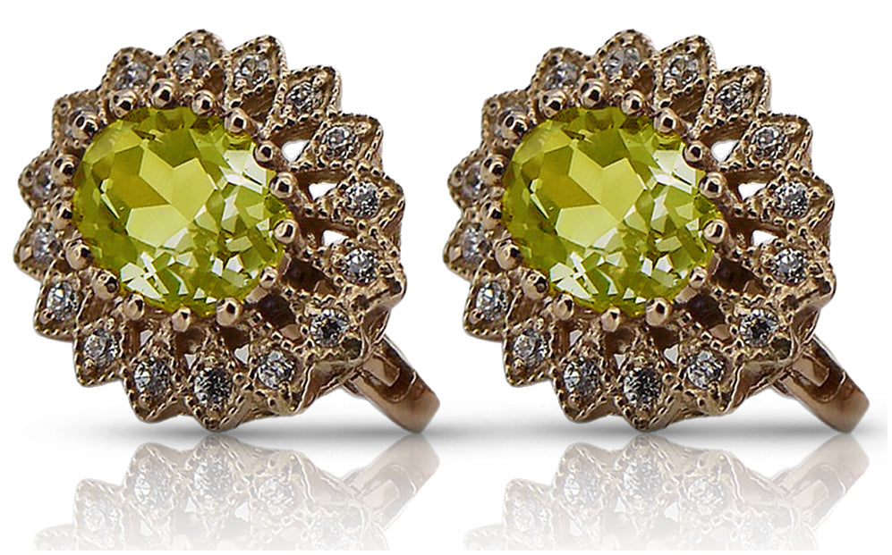 Vintage Yellow Peridot Earrings in 14K Rose Gold (vec125r-yp) — close-up of the stone and setting