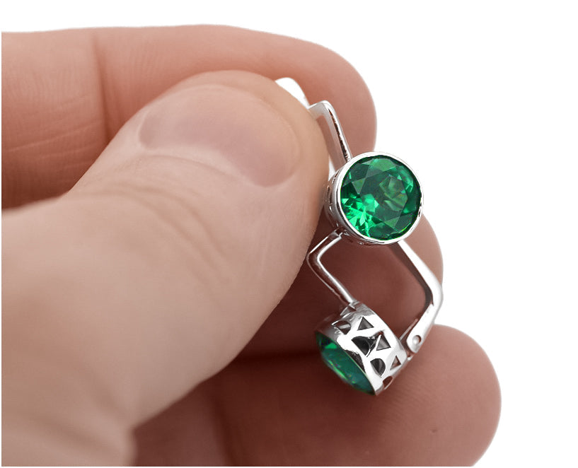 Vintage Emerald Earrings in Sterling Silver (vec107s-em) — worn on the hand, showing profile