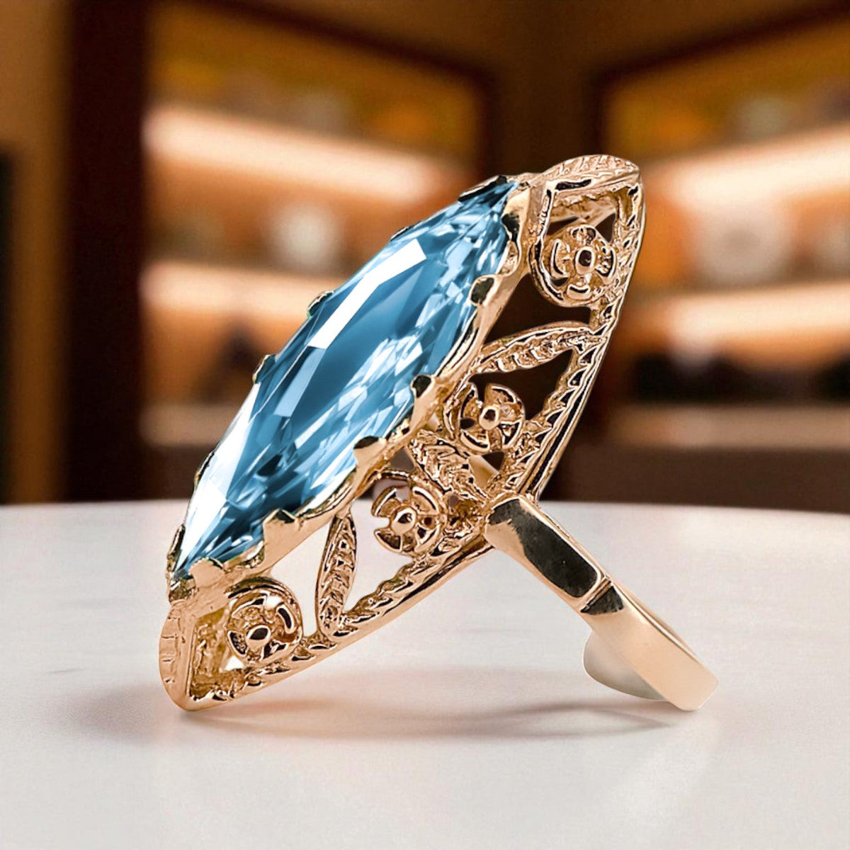 Vintage Aquamarine Ring in 14K Rose Gold (vrc005r-aq)
