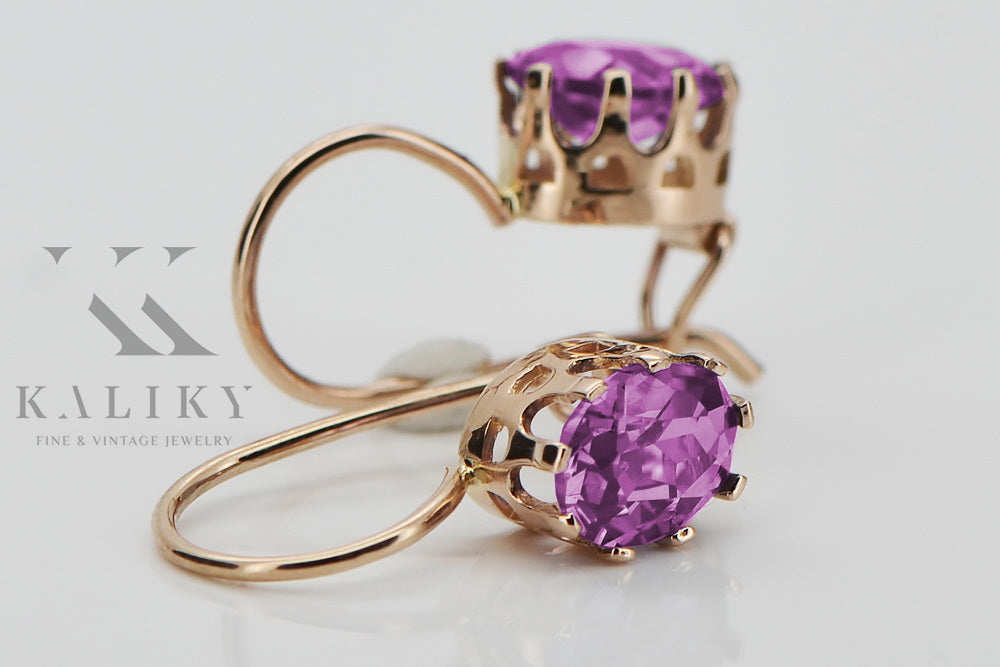 Vintage Amethyst Earrings in 14K Rose Gold (vec196r-am) — worn on the neckline, showing the drape