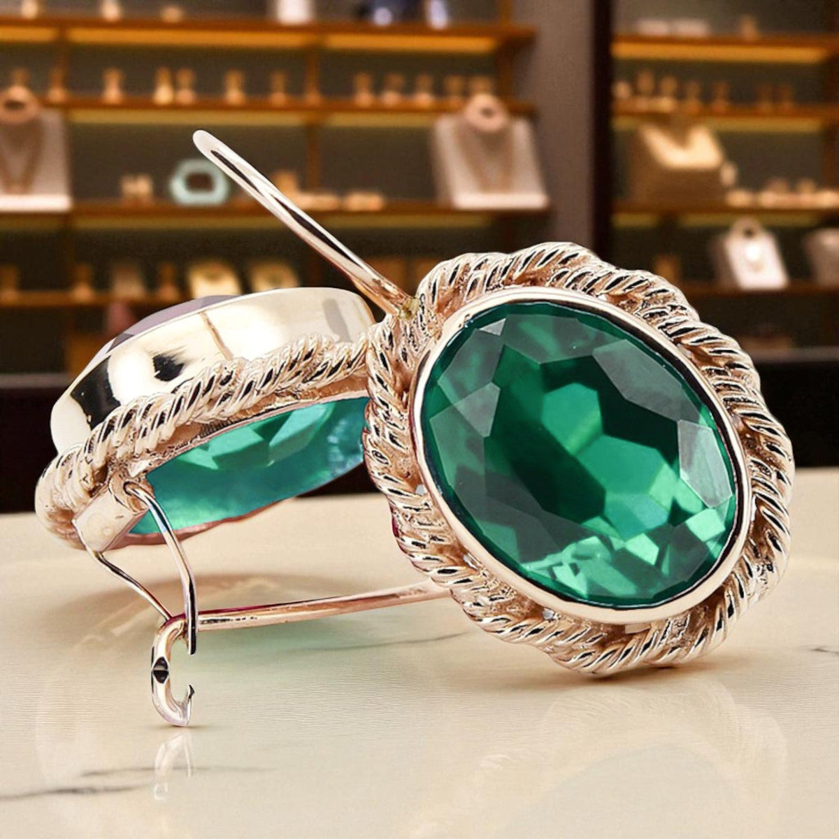 Vintage Emerald Craft Earrings in 14K Rose Gold (vec007r-em)