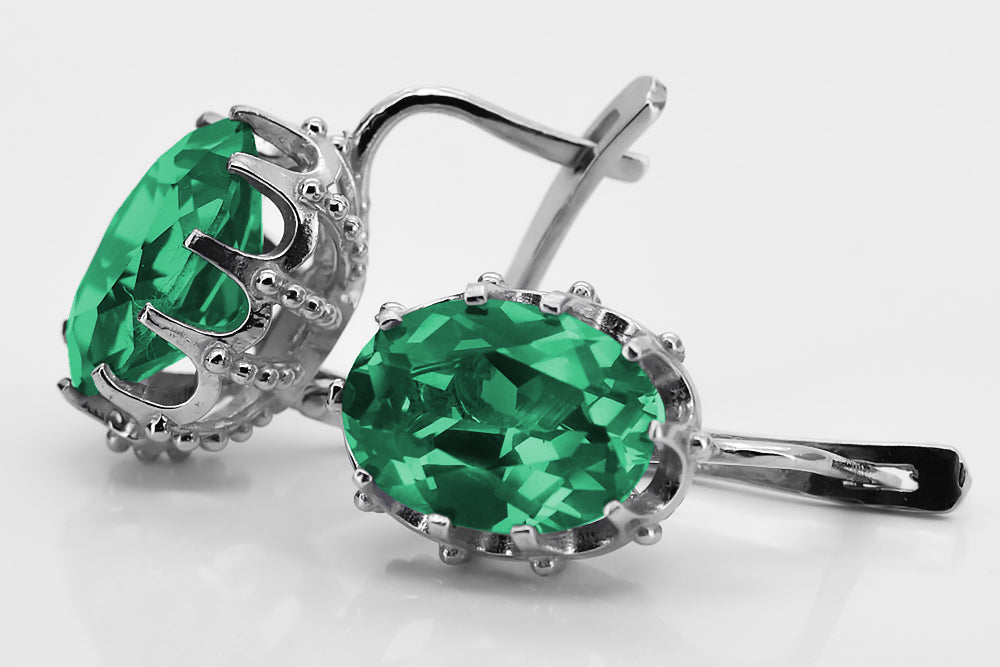 Vintage Emerald Earrings in Sterling Silver (vec079s-em) — angled view catching the light