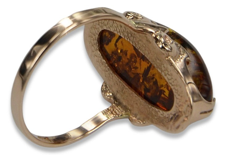 Vintage Amber Ring in 14K Rose Gold (vrab010) — close-up of the stone and setting