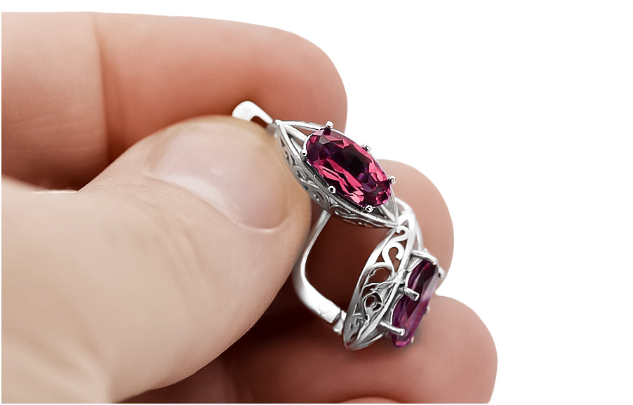 Vintage Ruby Oval Stone Wedding Gift Earrings in Sterling Silver (vec141s-rb) — close-up of the hallmark on the inner band