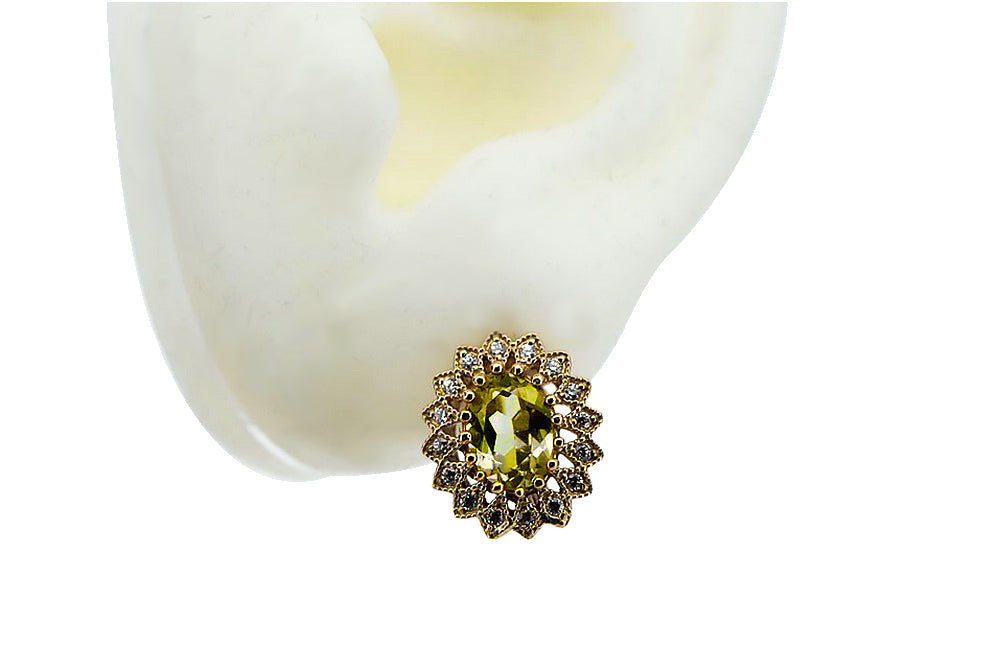 Vintage Yellow Peridot Earrings in 14K Rose Gold (vec125r-yp) — side view showing the setting