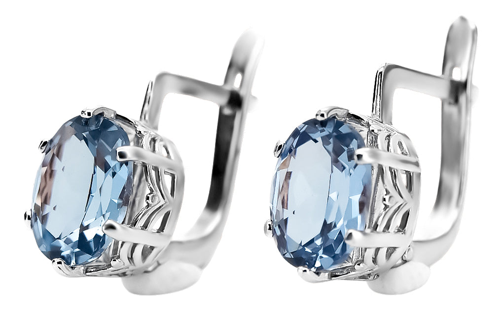 Vintage Aquamarine Earrings in Sterling Silver (vec003s-aq) — worn on the neckline, showing the drape