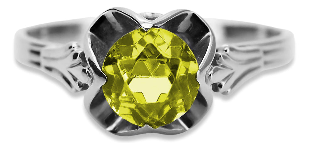Vintage Yellow Peridot Ring in Sterling Silver (vrc023s-yp) — side view showing the setting