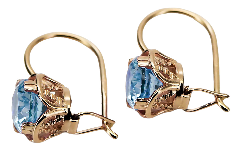 Vintage Aquamarine Earrings in 14K Rose Gold (vec029r-aq) — worn on the neckline, showing the drape