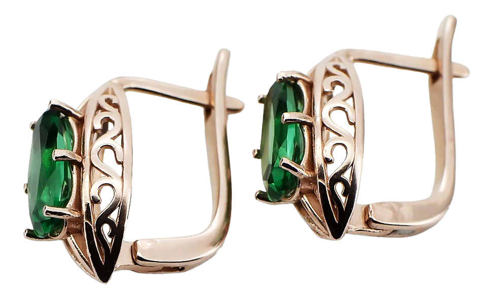 Vintage Emerald Oval Earrings in 14K Rose Gold (vec141r-em) — worn on the neckline, showing the drape