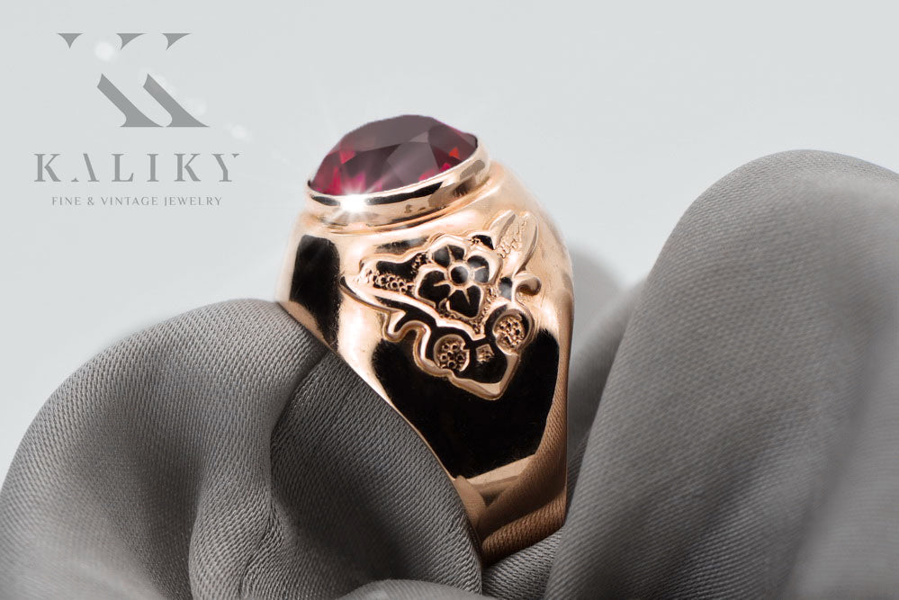 Vintage Ruby Ring in 14K Rose Gold (vrc078r-rb) — worn on the neckline, showing the drape