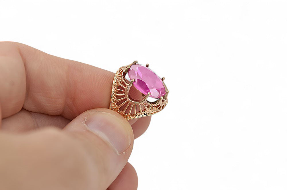 Vintage Amethyst Ring in 14K Rose Gold (vrc003r-am) — worn on the neckline, showing the drape