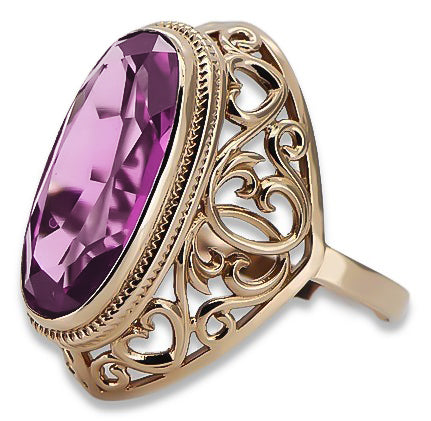 Vintage Amethyst Ring in 14K Rose Gold (vrc184r-am) — worn on the neckline, showing the drape