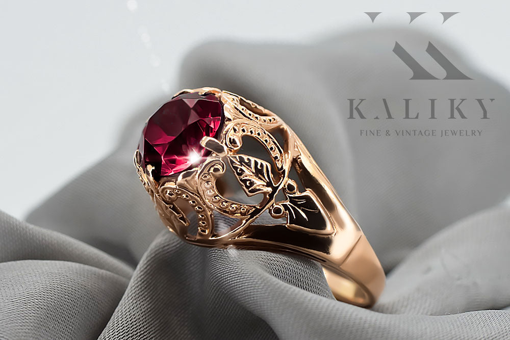 Vintage Ruby Ring in 14K Rose Gold (vrc080r-rb) — worn on the neckline, showing the drape