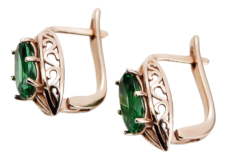 Vintage Emerald Oval Earrings in 14K Rose Gold (vec141r-em) — side view showing the setting