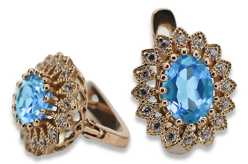 Vintage Aquamarine Earrings in 14K Rose Gold (vec125r-aq) — worn on the hand, showing profile